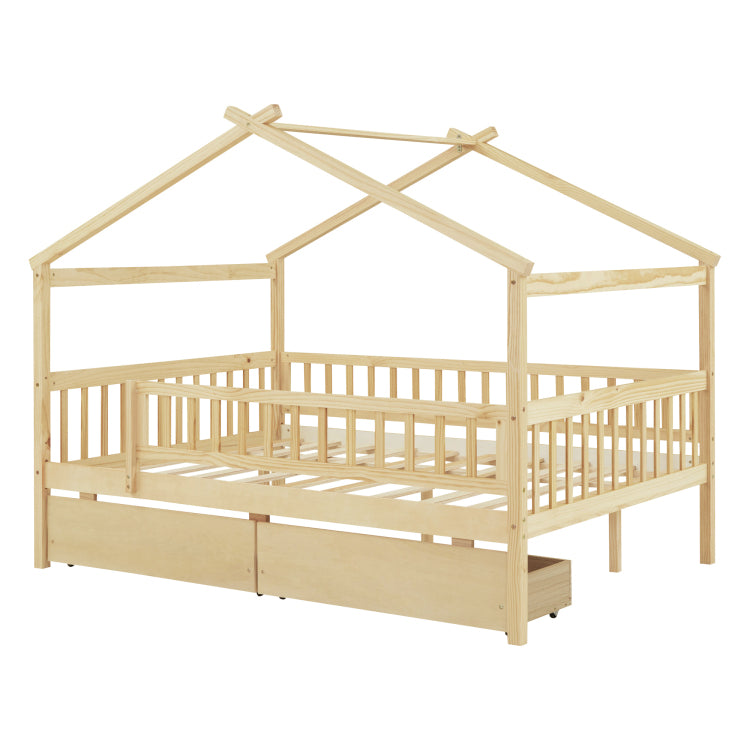 Full Size Wooden House Bed With Two Drawers, Natural
