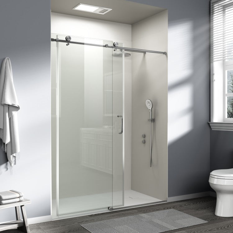 56" 60" W X 76" H Single Sliding Shower Door, Frameless Bathroom Sliding Door With 1 4" 6Mm Tempered Glass For Walk In Shower, Brushed Nickel Cm 25D06 60Bnx