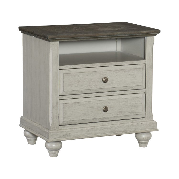 Classic Light Gray Finish 1Pc Nightstand With 2X Drawers And Storage Cubby Dark Brown Top Modern Farmhouse Design Bedroom Furniture Side Table