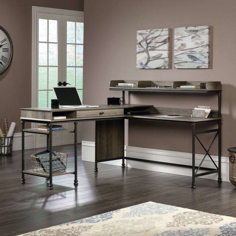 Industrial L Shaped Desk With Built In Usb Ports And Grommet Holes, Brown Finish