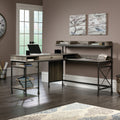 Industrial L Shaped Desk With Built In Usb Ports And Grommet Holes, Brown Finish