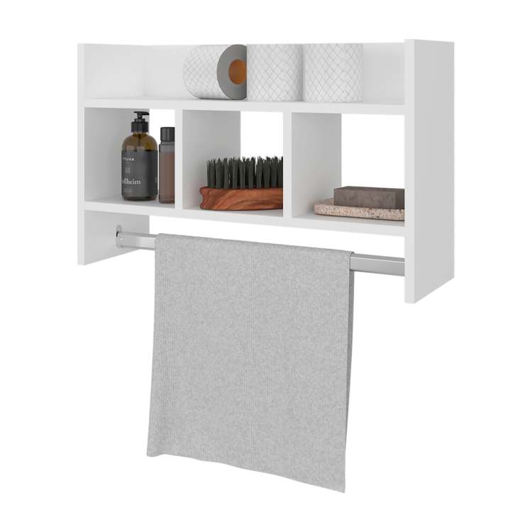 White Bath Shelf With Towel Bar, Open Shelf, And Storage Space