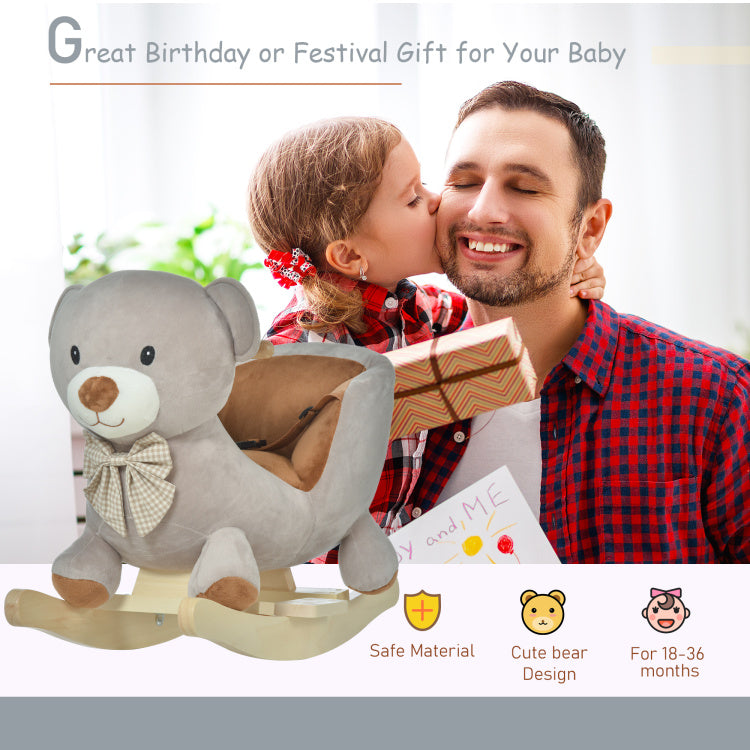 Qaba Kids Rocking Horse, Bear Shaped Plush Toddler Ride On Horse With Sound, Wooden Base & Safety Belt For 18 36 Months, Gray
