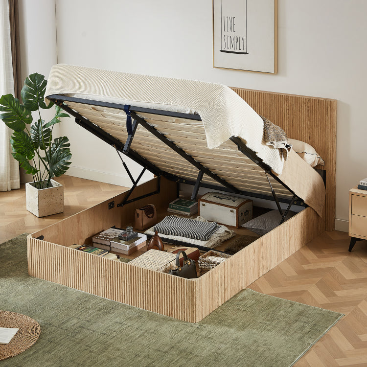 Queen Size Lift Up Storage Bed Frame, Wooden Corrugated Curved Lines, Hydraulic Storage No Box Spring Needed, Oak