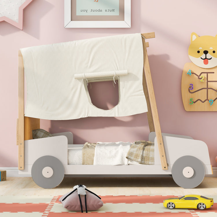 Wood Twin Size Car Bed With Pillow, Ceiling Cloth, Natural