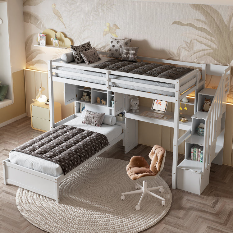 Twin Over Twin Loft Bed With Built In Desk And Staircase, With Storage Compartments And Shelves, White