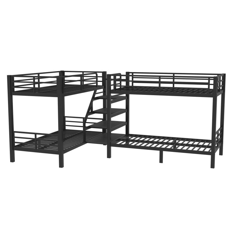 Twin L Shaped Metal Bunk Bed With Storage Shelves And High Quality Safety Guardrail,Space Saving,Black