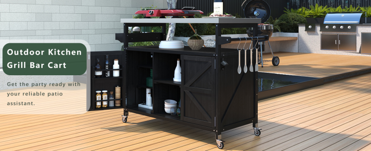 K&K Outdoor Kitchen Island, Rolling Bar Cart & Storage Cabinet, Farmhouse Solid Wood Outdoor Grill Table With Stainless Steel Top, Spice Rack , Towel Rack For Kitchen & Barbecue, Black