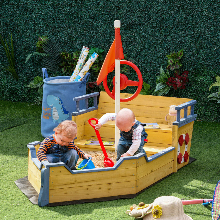 Outsunny Wooden Kids Pirate Sandbox, Outdoor Sandboat With Bench Seats, Storage, Non Woven Fabric Cloth For Backyard, Lawn