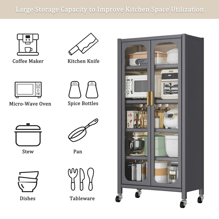 65" Kitchen Pantry Storage Cabinet, 6 Tier Metal Display Storage Cabinet With Transparent Door, Adjustable Shelves & Wheels, Food Pantries Cabinets, For Kitchen, Living Room And Dining Room, Gray