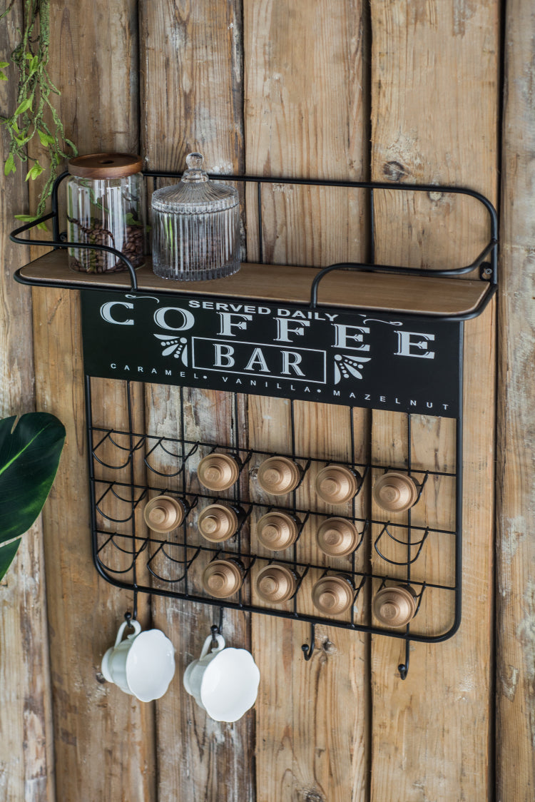 22.8X5.5X28.7" Black Floating Coffee Bar Shelf With Coffee Pod Holder, Hooks And Storage Shelf