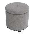 Zoya Storage Ottoman, 19 Inch Round Lift Top, Light Gray Woven Fabric