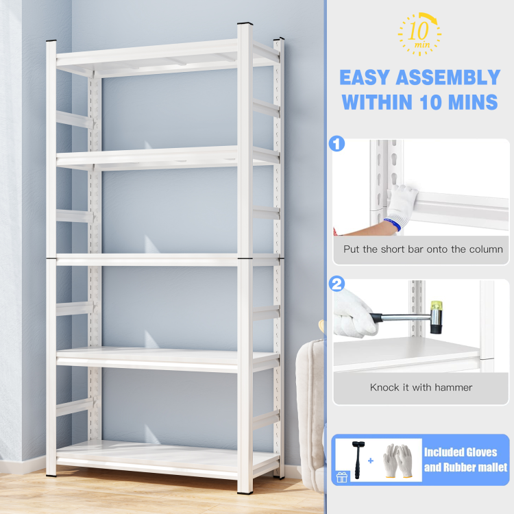 71" H Adjustable Storage Rack, Adjustable Shelves, 2000Lbs Five Tier Shelving Unit, Scratch Resistant And Wear Resistant Panels, White, Requires Assembly