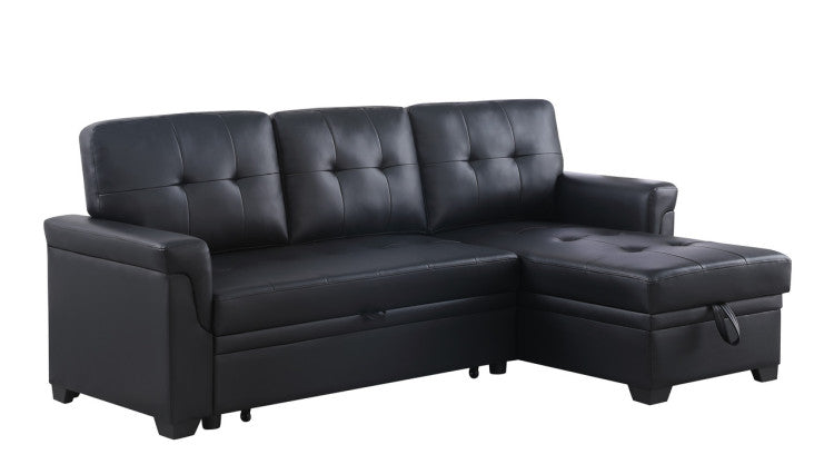 Jardin 84"W Black Vegan Leather Modern Reversible Sleeper Sectional Sofa With Storage Chaise