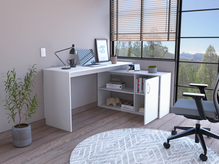 Dallas L Shaped Home Office Desk, Two Shelves, Single Door Cabinet