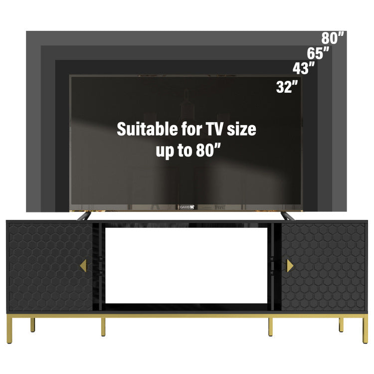70 Inch Tv Stand, Heavy Duty Wood Media Entertainment Center Console With Cabinet Storage & Open Shelves For Living Room, Modern Design Black,Not Include Electric Fireplace