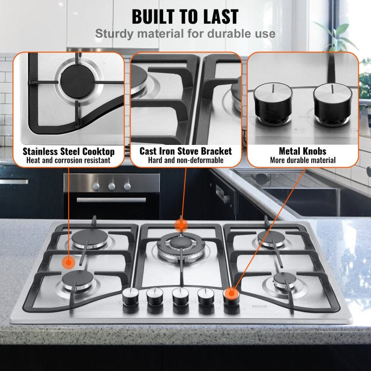 Gas Cooktop 30 Inch, Max 12250Btu 5 Burners Built In Stainless Steel Gas Stove Top, Lpg Ng Convertible Dual Fuel Natural Gas Hob With Thermocouple Protection