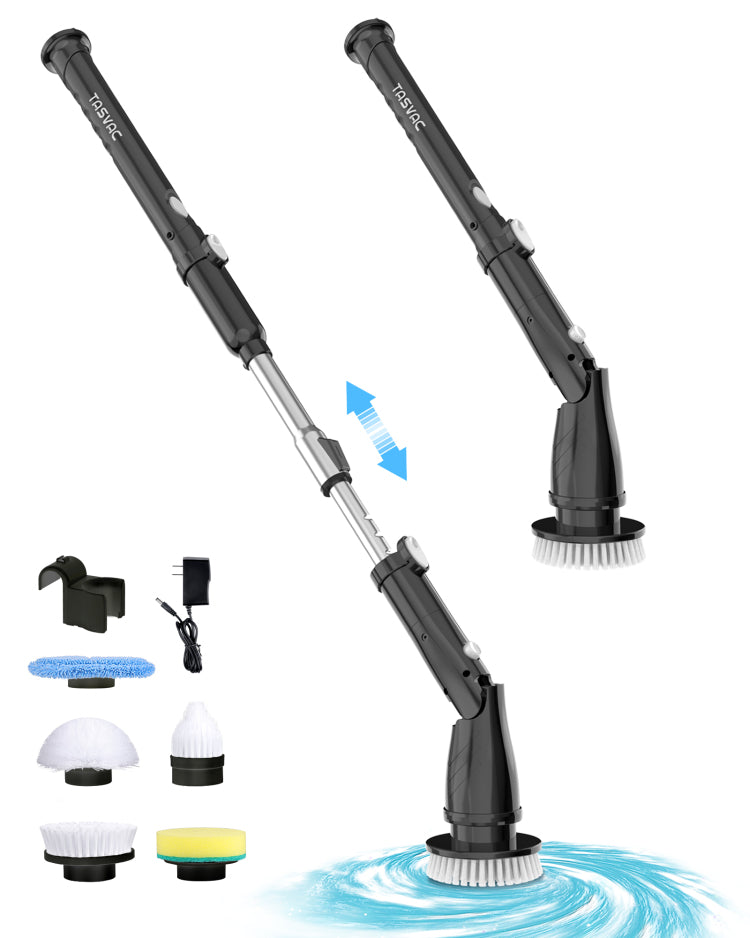 Tasvac Eb5 Black Electric Spin Scrubber, Cordless Cleaning Brush With 5 Replaceable Heads, 450 Rpm, Adjustable Telescopic Handle, 90Min Runtime