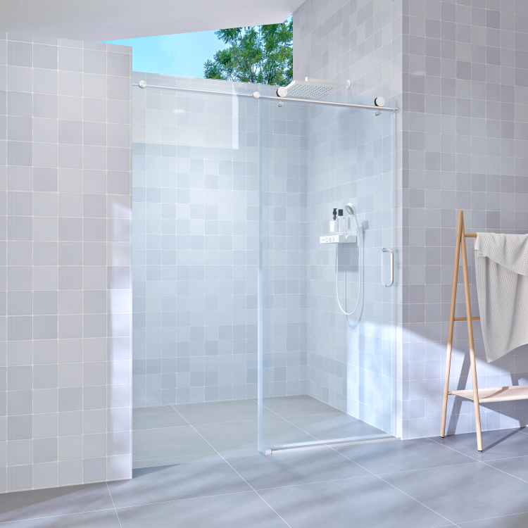 56" 60" W X 76" H Single Sliding Shower Door, Frameless Bathroom Sliding Door With 1 4" 6Mm Tempered Glass For Walk In Shower, Brushed Nickel Gf 25D06 60Bnx