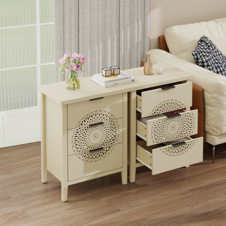 Hollow Carved 3 Drawer Cabinet Dresser Storage Chest With Metal Handles For Living Room Bedroom