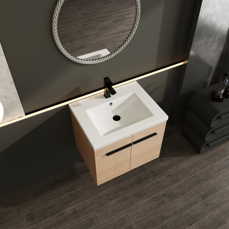 Oak 24 Inch Bathroom Vanity With Resin Countertop Sink, 2 Doors Bathroom Cabinet Set
