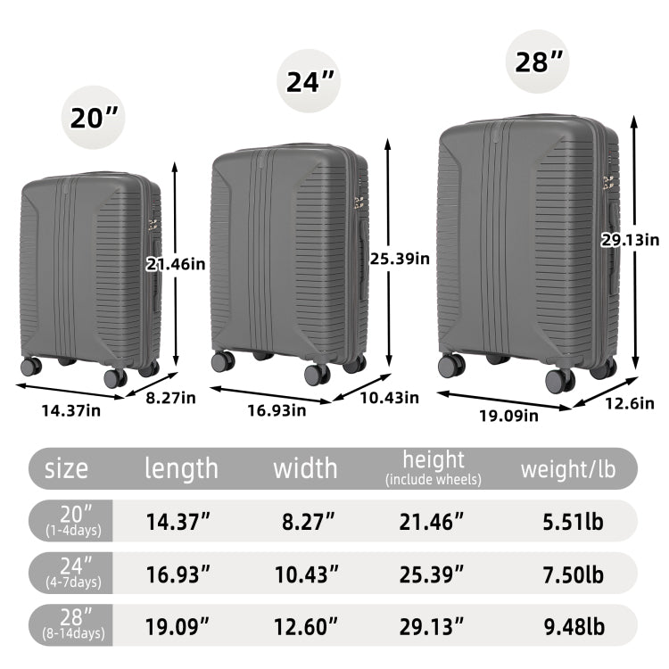 20" 24" 28" 3 Pcs Set In Pp Spinner Wheel Luggage, Carry On Suitcase, Matching Color, Combination Lock Silver Grey