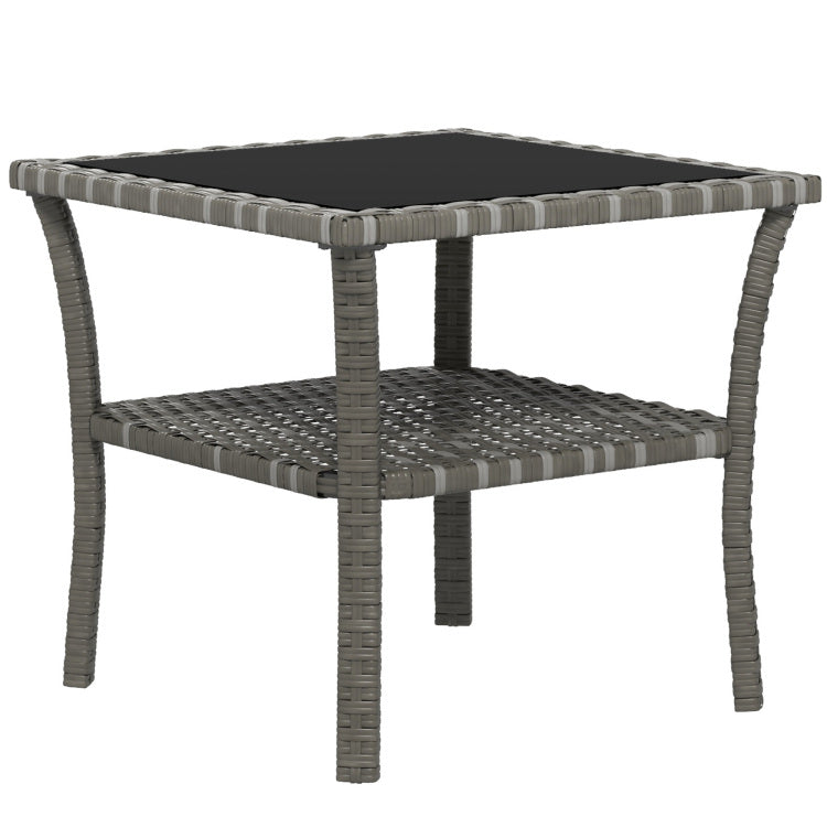 Outsunny Rattan Side Table, Outdoor End Table With Storage Shelf, Aluminum Frame Square, Coffee Table With Tempered Glass Top, Mixed Gray