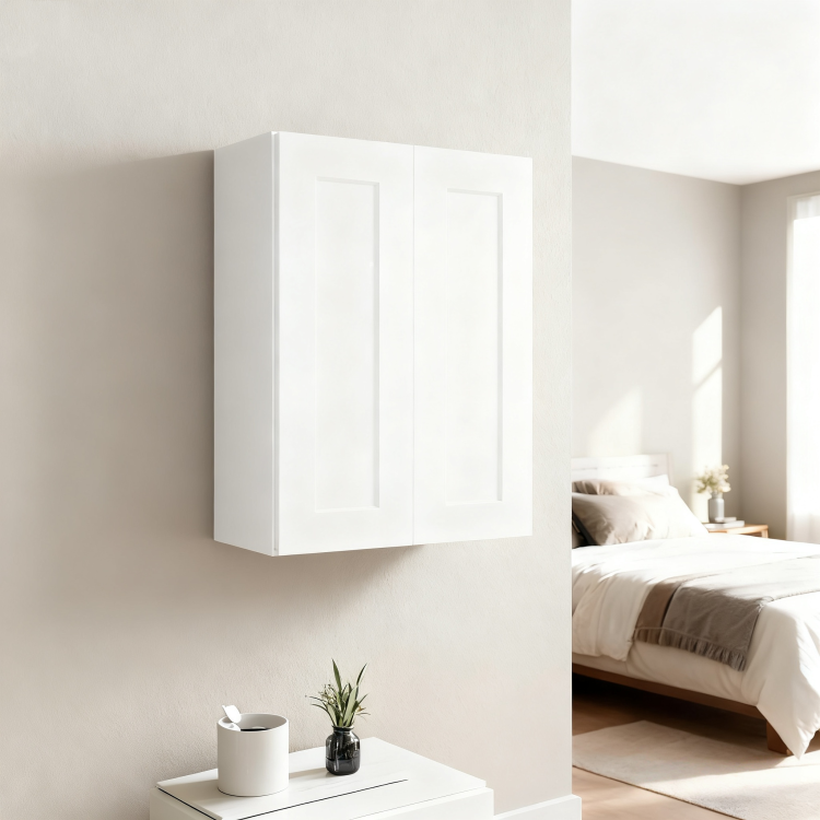 24 Inch White Shaker Double Door Wall Cabinet Solid Wood With 2 Adjustable Shelves Ready To Assemble For Kitchen,Bathroom,Laundry And Garage Storage 24"W 12"D 30"H