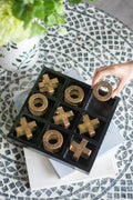 9.8X9.8X1.2" Black Wooden Tic Tac Toe Game Set With Gold Iron Pieces