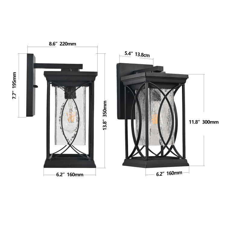 14" H 1 Pack Black Outdoor Wall Lantern With Crackled Glass, Weather Resistant Exterior Light Fixture For Porch, Patio, And Entryway, Modern Decorative Wall Sconce With E26 Base Bulb Not Included