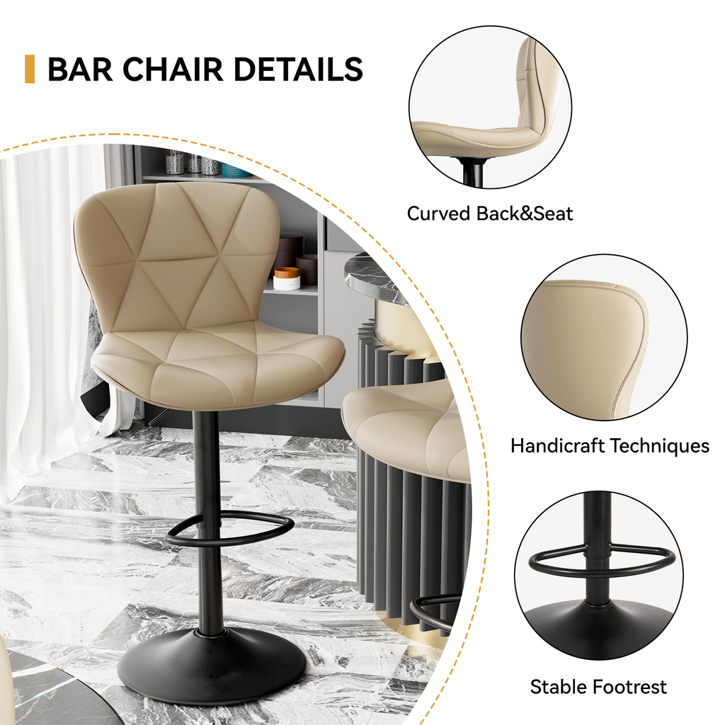 Bar Stools Set Of 2,Adjustable Swivel Barstools, Faux Leather Bar Chairs,Upholstered Counter Height With High Backrest For Kitchen Island,Khaki