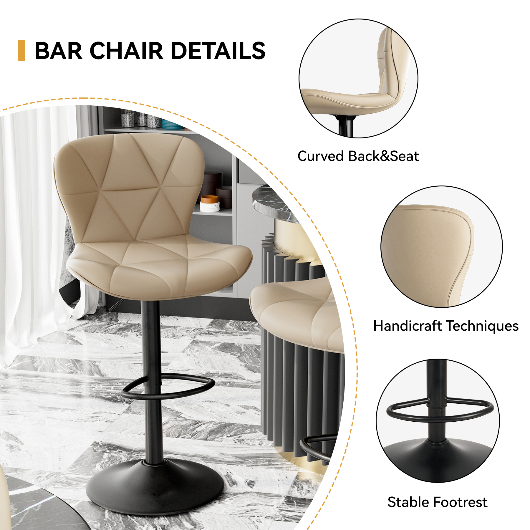 Bar Stools Set Of 2,Adjustable Swivel Barstools, Faux Leather Bar Chairs,Upholstered Counter Height With High Backrest For Kitchen Island,Khaki