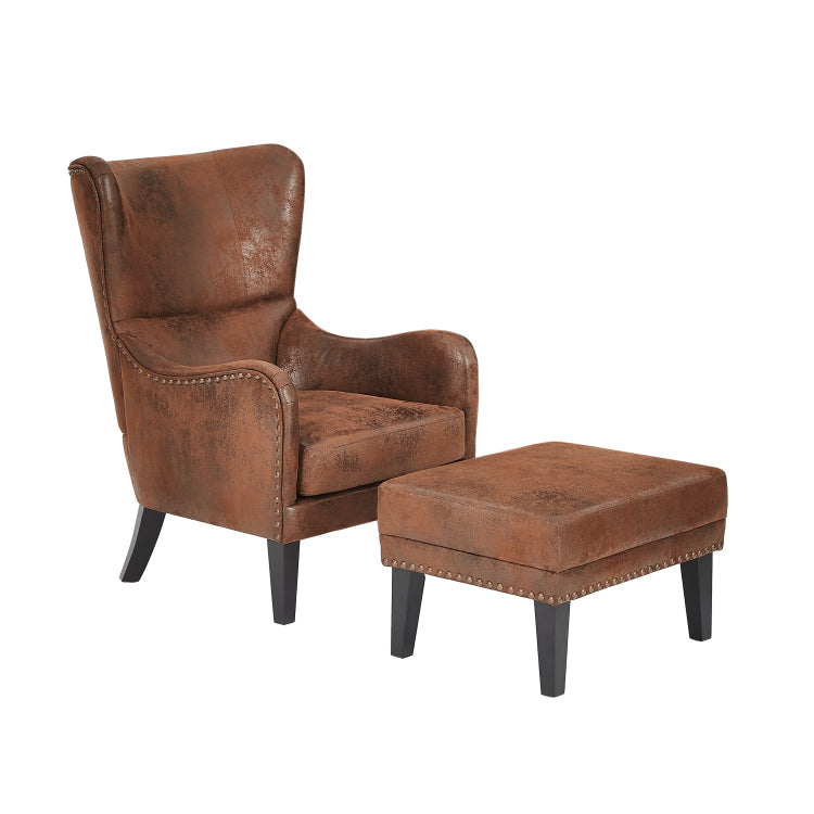 Hi Back Vintage Distressed Lounge Chair With Ottoman,Classic Tufted Design & Nailhead Trim For Living Room, Study, Bedroom