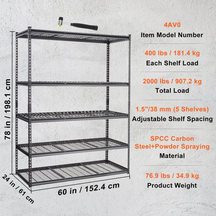 Storage Shelving Unit, 5 Tier Adjustable, 2000 Lbs Capacity, Heavy Duty Garage Shelves Metal Organizer Wire Rack, Black, 60" L X 24" W X 78" H For Kitchen Pantry Basement Bathroom Laundry Closet