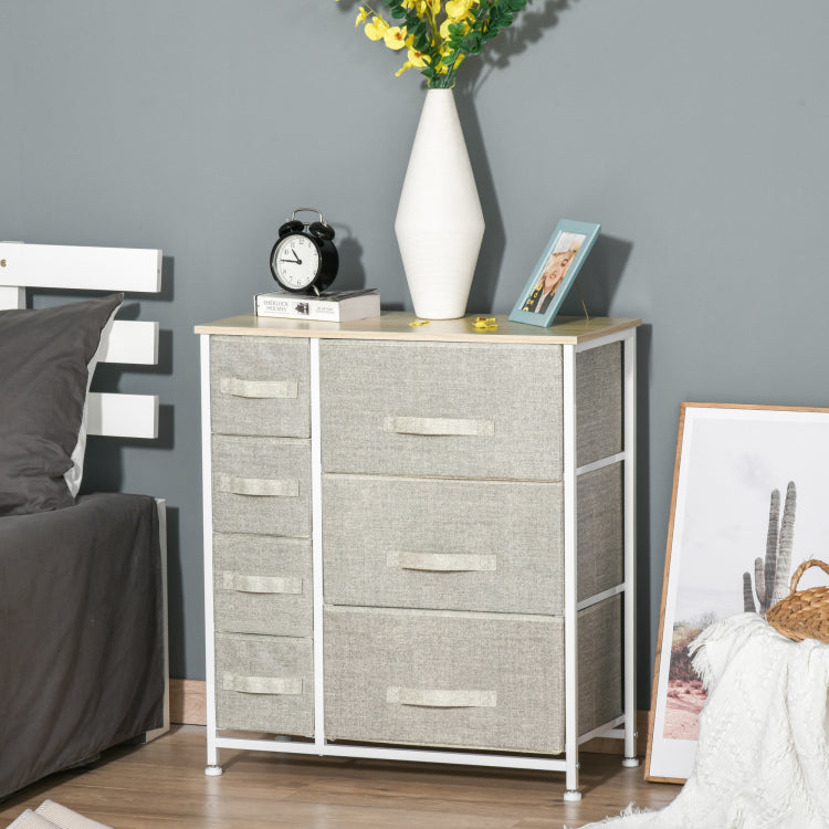 Homcom 7 Drawer Dresser Storage Tower Cabinet Organizer Unit, Easy Pull Fabric Bins With Metal Frame For Bedroom, Closets, Light Gray