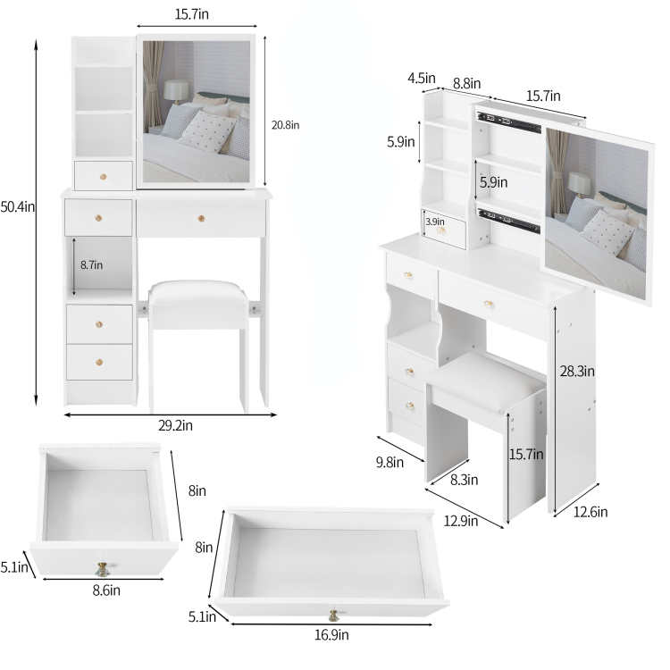 29.2" Small Size Left Drawer Desktop Vanity Table Cushioned Stool, Extra Large Right Sliding Mirror, Multi Layer High Capacity Storage, Practical Fashionable Dresser, Suitable For Small Space