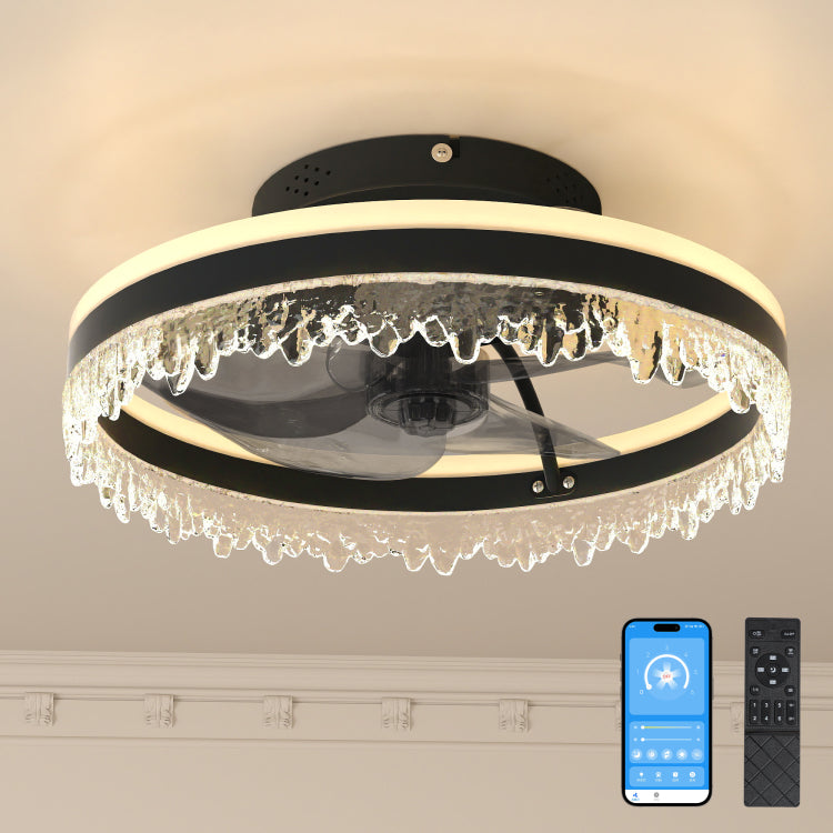 Modern Led With Light 16'' Dimmable Ceiling Light With Invisible Blades And Crystal Design, Remote Control & Adjustable Color Temperature, Quiet Fan For Bedroom, Living Room,Black