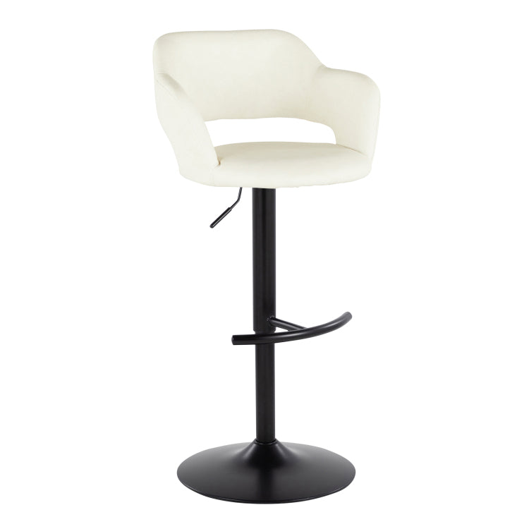 Contemporary Adjustable Barstool With Swivel In Black Metal And Cream Faux Leather With Rounded T Footrest Set Of 2