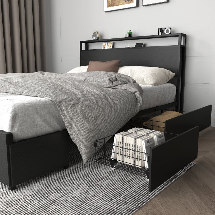 Full Bed Frame, Storage Headboard With Charging Station, Solid And Stable, Noise Free, No Box Spring Needed, Easy Assembly