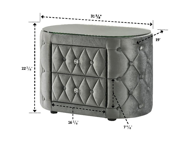 Luxurious 1Pc Oval Nightstand Plush Tufted Upholstery 8Mm Tempered Glass Top Rounded Sides Two Storage Drawers Sparkling Knobs Wooden Bedroom Furniture Black