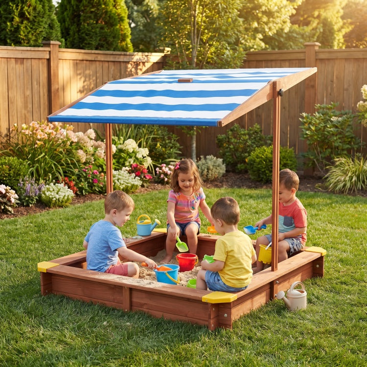 Kids Sandbox With Cover, 46" Wooden Sand Box W Adjustable Canopy, Large Outdoor Cedar Sandpit For Backyard Play
