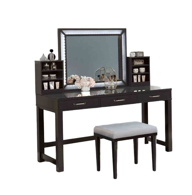 Glam Style 1Pc Vanity W Stool Set Tempered Glass Top Central Mirror Storage Drawers Padded Stool Obsidian Gray Finish