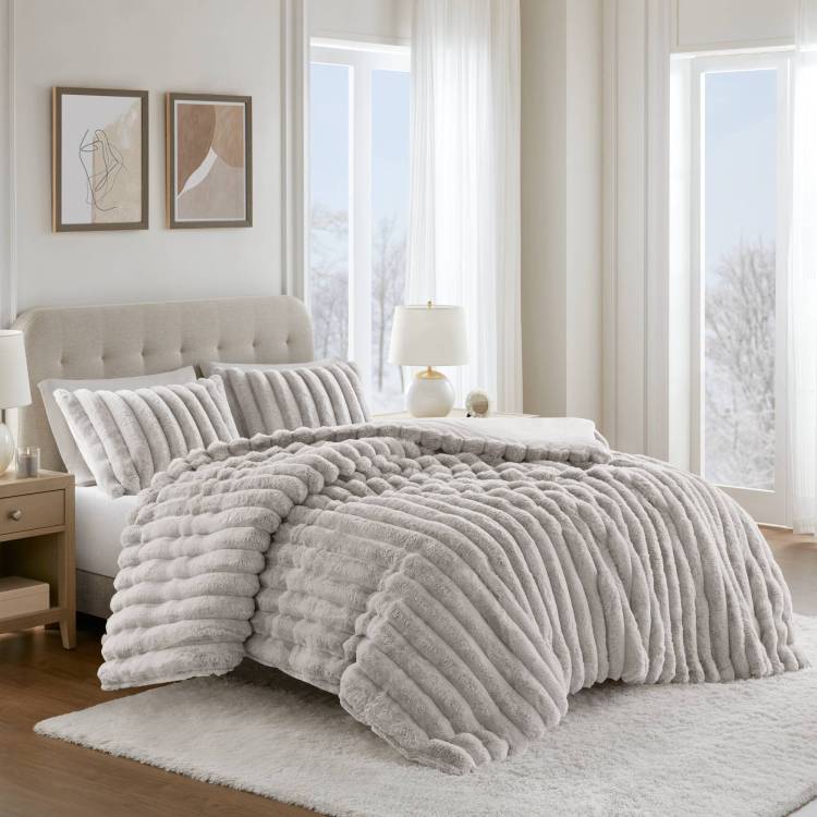 3 Pieces Full Queen Soft Faux Fur Ribbed Comforter Set,Light Gray