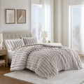 3 Pieces Full Queen Soft Faux Fur Ribbed Comforter Set,Light Gray