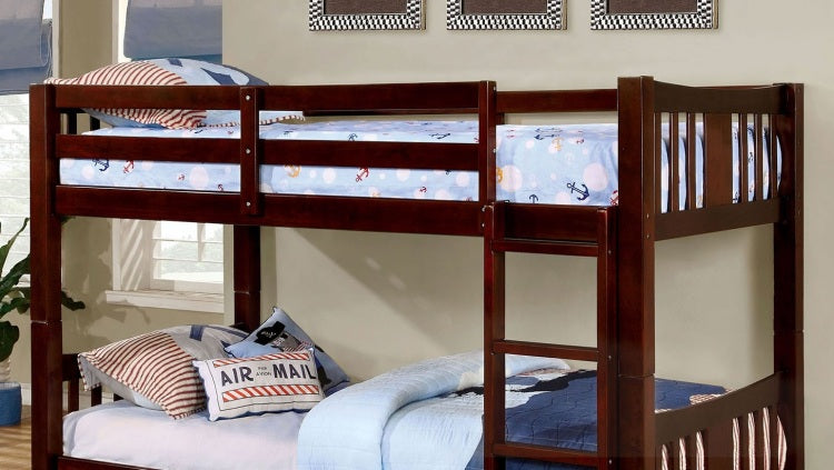 Twin Over Twin Transitional Style Bunk Bed Dark Walnut Finish Attached Ladder Rails And Lock Joint Structure Trundle Not Included