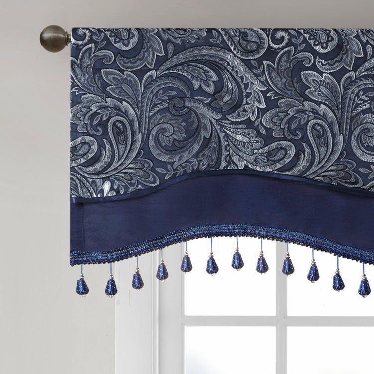 Jacquard Window Rod Pocket Valance With Ds Navy 50X18"