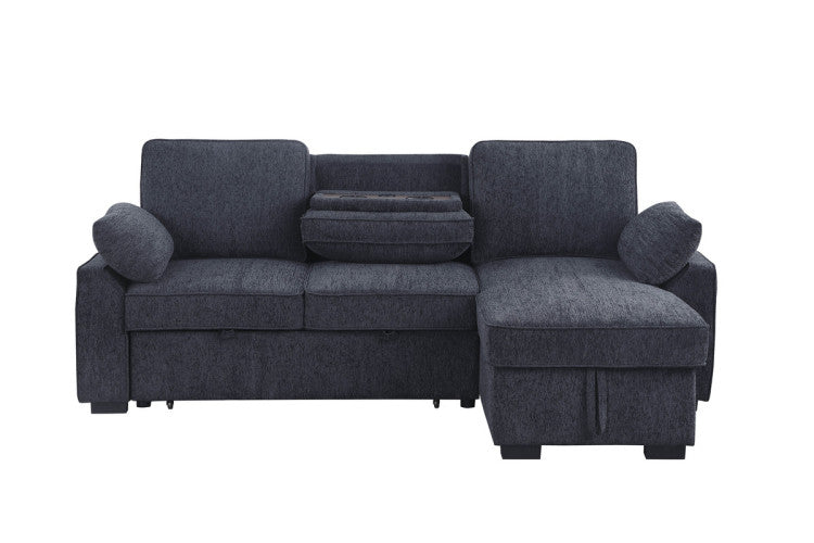 Marcello 91"W Charcoal Chenille Fabric Reversible Sleeper Sectional With Storage Chaise, Drop Down Table, Cup Holders And Charging Ports