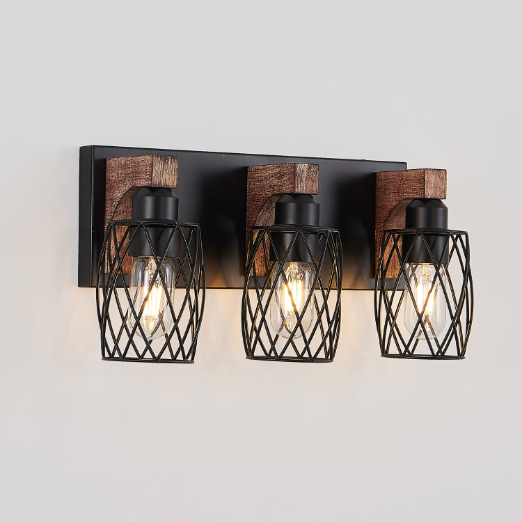 18" Industrial Vintage 3 Light Wall Sconce Black Cage Wall Lighting Fixture With Wooden Accents For Bathroom, Hallway, Or Living Room Bulb Not Included
