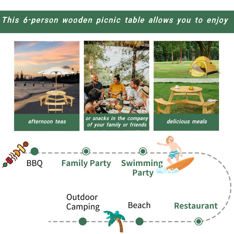 Outdoor 6 Person Picnic Table, 6 Person Round Picnic Table With 3 Built In Benches, Umbrella Hole, Outside Table And Bench Set For Garden, Backyard, Porch, Patio, Natural