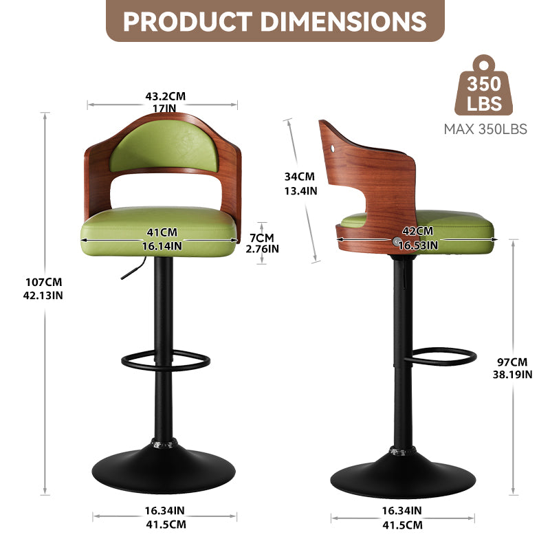 Swivel Bar Stools Set Of 2 Seat Adjustable Height 24.5 33.5In, Wooden Barstools Pu Leather Upholstered Bar Chairs With Back & Footrest For Bar Kitchen Dining Room Green